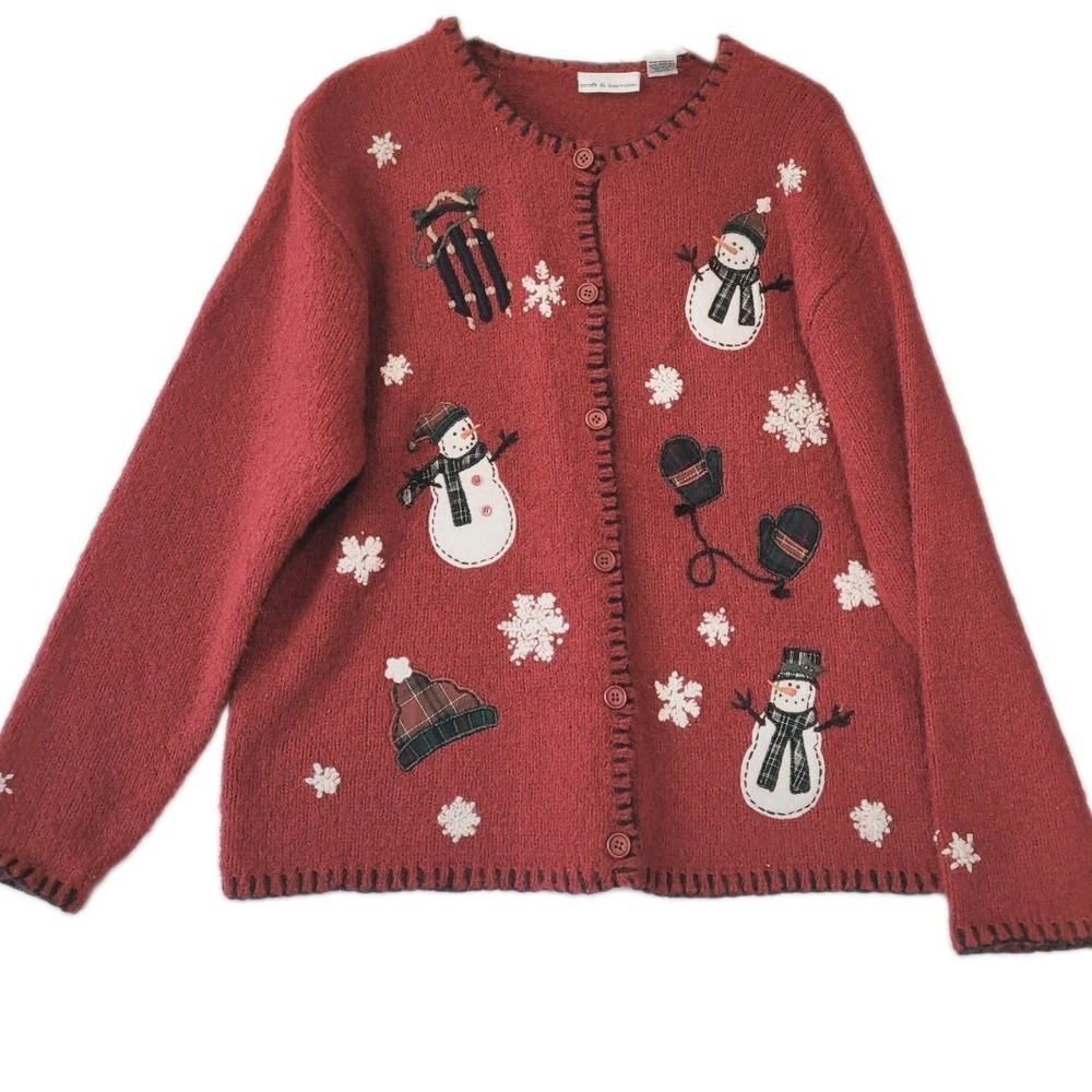 Croft & Barrow Christmas Cardigan Snowman Sweater Red Button Silk Blend XL